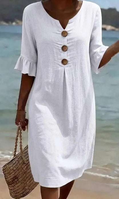 Vanesa™ | Vestido con textura de lino con manga abullonada y botones