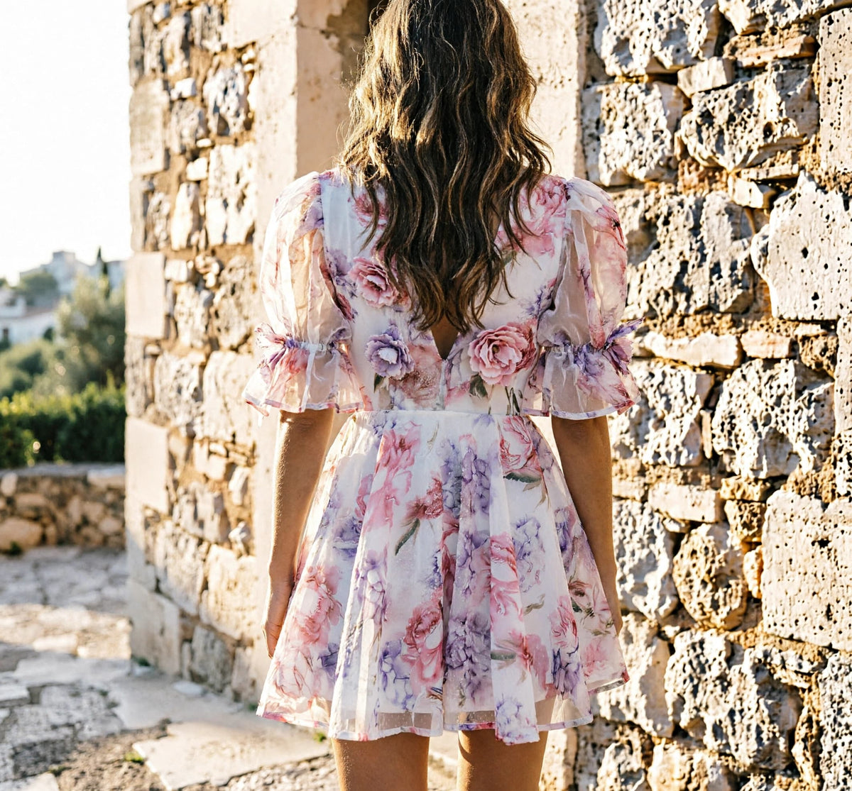 Emma | Vestido corto floral con flores 3D