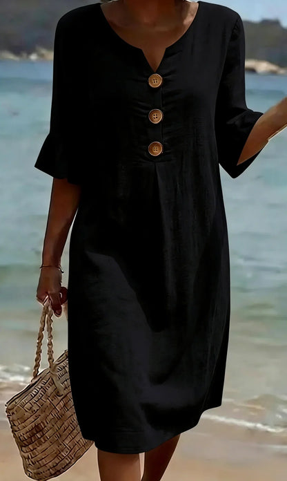 Vanesa™ | Vestido con textura de lino con manga abullonada y botones